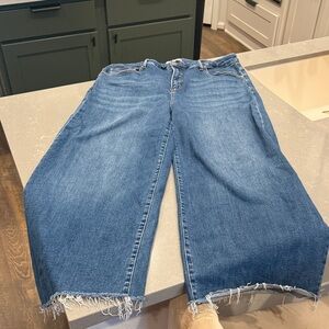 High-Rise Wide-Leg Blue Denim Jeans with Raw Hem